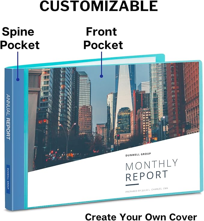 Dunwell 8.5x11 Portfolio Binder (Aqua, Horizontal), Plastic Presentation Book, 24 Pockets Displays 48 Pages of Letter Size Documents, Certificates, Keepsakes, Art Portfolio Folder, Acid-Free Poly