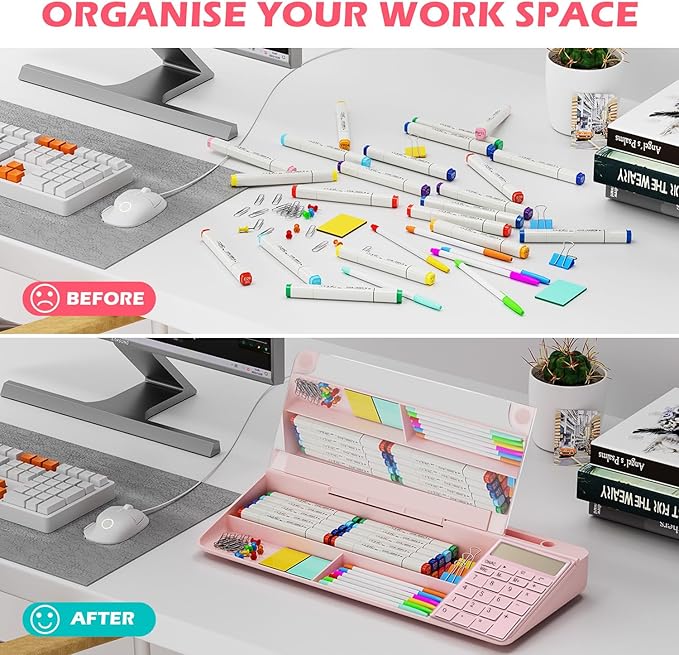 Desktop Glass Whiteboard with Mirror & Calculator(12 Digit LCD Display) & Ruler Marker,Tilted Computer Keyboard Stand with Dry Erase Board Surface, Desk Organizers with Accessories,Pink