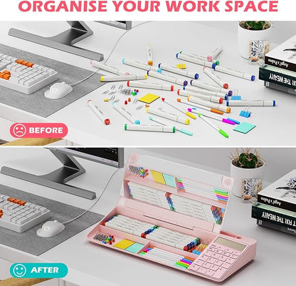 Desktop Glass Whiteboard with Mirror & Calculator(12 Digit LCD Display) & Ruler Marker,Tilted Computer Keyboard Stand with Dry Erase Board Surface, Desk Organizers with Accessories,Pink