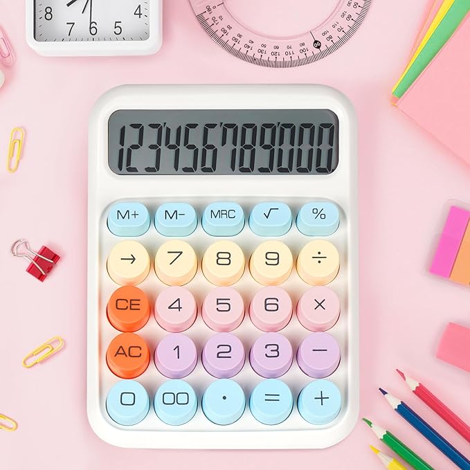 Mechanical Switch Calculator with Big Buttons, Calculators Desktop, 12 Digits, Large LCD Display, Desk Calculator, Cute Pink Calculator for Teachers Students Basic Office (White)