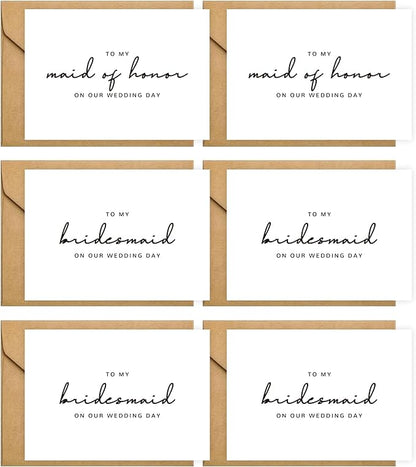 6 Pieces Bridesmaid Proposal Cards with Envelopes, 4 Pieces To My Bridesmaid On Our Wedding Day Cards and 2 Pieces To My Maid Of Honor On Our Wedding Day Cards.（Bridesmaid - 6cards B）