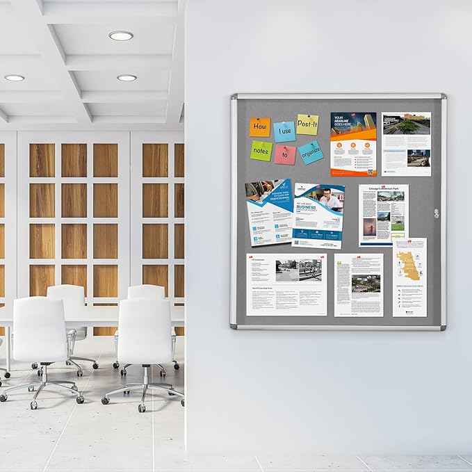 SWANCROWN Lockable Felt Bulletin Indoor Display Case Big Message Center Board with Aluminium Frame,38x38 inches (12xA4)