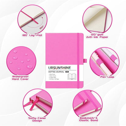 Dotted Journal/Notebook - Dot Grid Hard Cover Notebook, Premium Thick Paper with Fine Inner Pocket, Black Smooth Faux Leather, Pen Loop, 5.3'' x 8.26'' - Raspberry