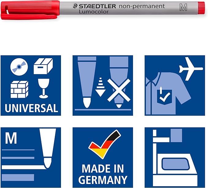 Staedtler Lumograph Non-Permanent Wet Erase Marker Pens, Medium Tip Refillable Colored Markers, 8 Pack, 315 WP8