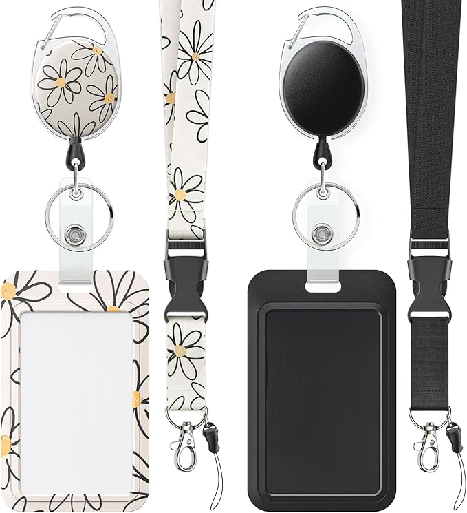 Uniclife 2 Pack Floral Sliding Badge Holder Flower Plastic Case with Retractable Badge Reel Carabiner Clip and Detachable Lanyard Strap Hard Vertical Card Protector for Women Nurse Teacher