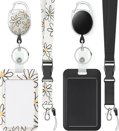 Uniclife 2 Pack Floral Sliding Badge Holder Flower Plastic Case with Retractable Badge Reel Carabiner Clip and Detachable Lanyard Strap Hard Vertical Card Protector for Women Nurse Teacher