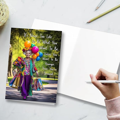 Funny Birthday Card for Old Women, 60th-90th Birthday Greeting Card, Modern Style, 5x7 inches, Blank Inside, Envelope Included