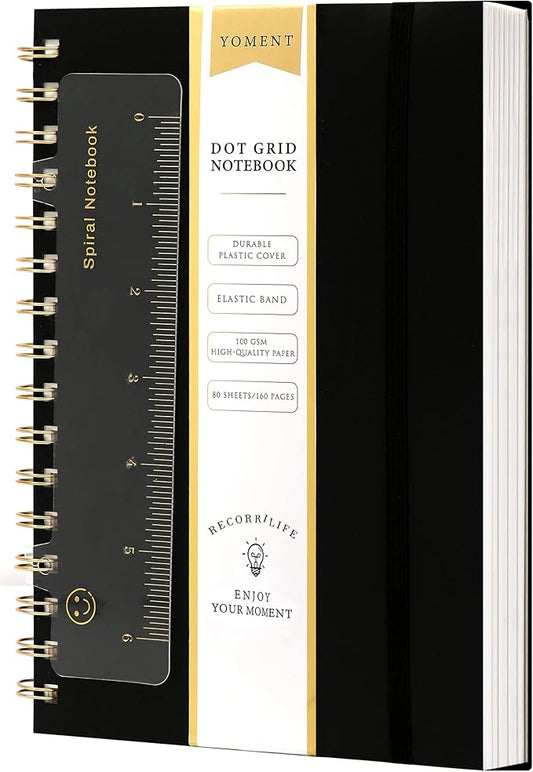 Dot Grid Spiral Notebook A5 Spiral Bullet Dotted Journal 160 Pages Thick Dot Paper Notebooks Plastic Hardcover Spiral Notebook 5x7 Wire Bound Notebooks for Note Taking School Office Supplies,Black