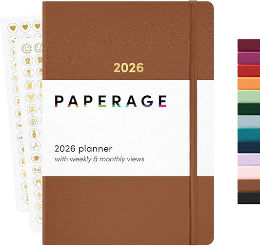 PAPERAGE 2026 Weekly & Monthly Planner, 12 Months (January 2026 - December 2026), 5.6 in x 8 in, Hardcover 2026 Planner with Weekly & Monthly Spreads, Note Pages, Stickers & Back Pocket – Cognac