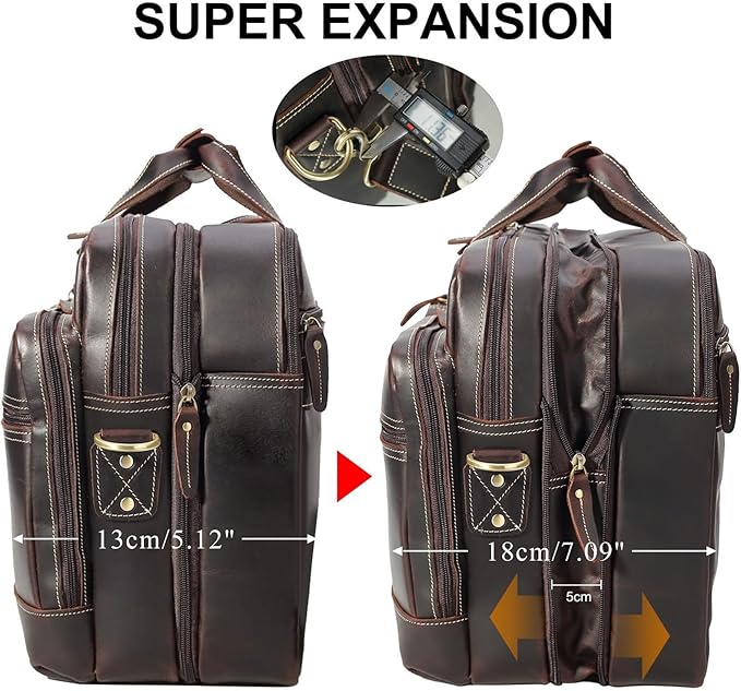 Leather Briefcase for Men Expandable Large 17 Inch Laptop Crossbody Shoulder Bag Business Travel Duffel Attache Case