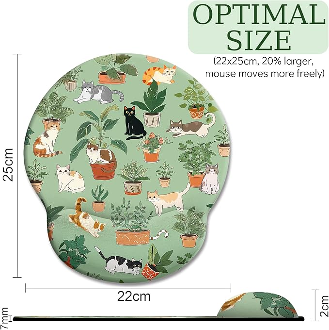 Cat Ergonomic Mouse Pad with Wrist Rest, Green Computer Mouse Pad Wrist Support with Non-Slip Pain Relief PU Base, Funny Mouse Pads for Desk Work, Cute Cat Office Desk Decor Accessories