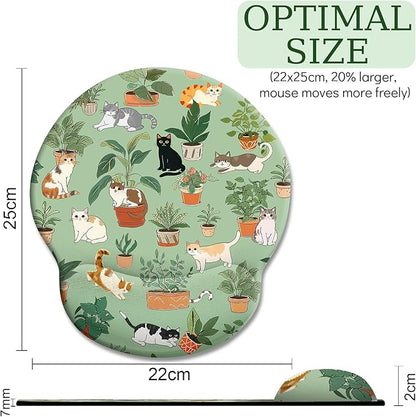 Cat Ergonomic Mouse Pad with Wrist Rest, Green Computer Mouse Pad Wrist Support with Non-Slip Pain Relief PU Base, Funny Mouse Pads for Desk Work, Cute Cat Office Desk Decor Accessories