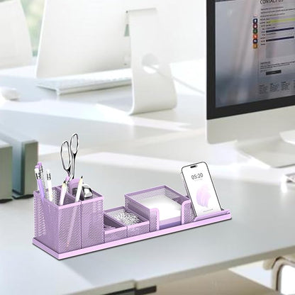 SUPEASY Pen Holder for Desk, 6 Piece Mesh Desk Organizer set, Desk Accessories for Office Organization with Mail Organizer, Letter Phone Holder, Sticky Notes Caddy Storage, Purple