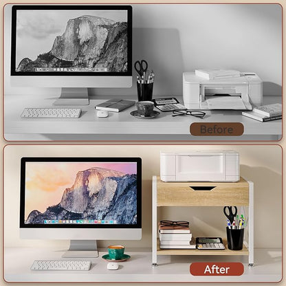 IBUYKE 2 Tier Desktop Printer Stand,Multi-Purpose Desk Organizer,Wooden Printer Stand with Drawer Storage for Folders,Books,for Fax Machine, Scanner,Home Office,Light Wood TLJ012R