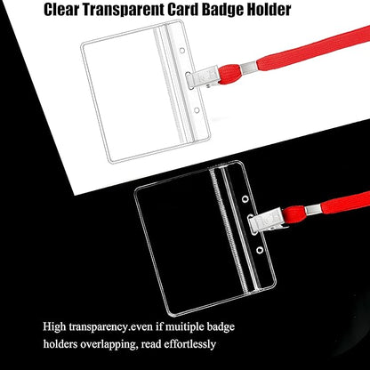 100Pcs Clear Plastic Horizontal Name Tags Badge ID Card Holders and 100Pcs Lanyards with Clip (Red)