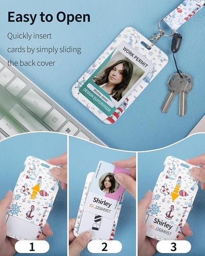 Uniclife Fashionable Sliding Badge Holder Cruise Pattern Plastic Case with Retractable Badge Reel Carabiner Clip & Detachable Lanyard Strap Vertical Card Protector for Women Nurse Teacher Student
