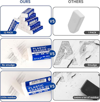 12 Pack Pencil Erasers, Large White Erasers for School, Art Erasers for Kids Drawing Bulk