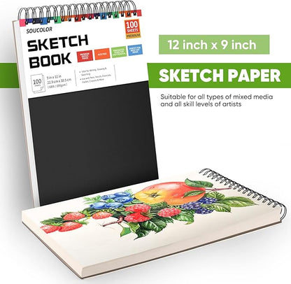 Soucolor 9" x 12" Sketch Book, 1-Pack 100 Sheets Spiral Bound Art Sketchbook, (68lb/100gsm) Acid Free Artist Drawing Book Paper Painting Drawing Writing Sketching Pad for Kids Adult Teens Girls Boys