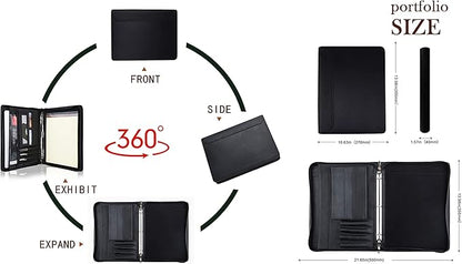 Free Engraved Name, Custom Portfolio, Genuine Leather Personalized Padfolio for Men, Engraved 3 Ring Binder Organizer, Business Portfolio with A4 Writing Pad, Handmade Customized Gifts, Black