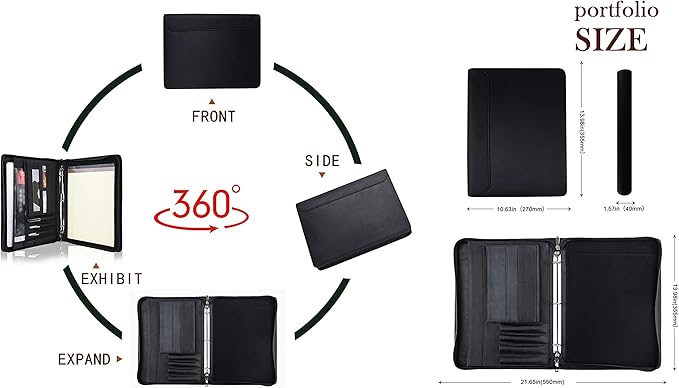 AZXCG Leather Portfolio for Men, 3 Ring Binder Professional Resume Portfolio Folder, Business Organizer Padfolio with YKK Zipper, Document Work Folio for 8.5x11 Writing Pad, Black