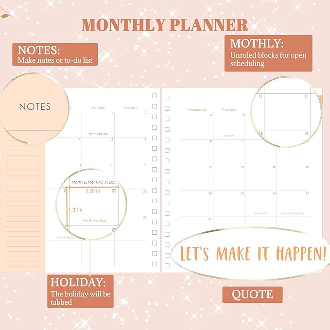 2025 Hardcover Planner Weekly and Monthly, Dec 2024–Dec 2025, Large Spiral Bound Planners 2025 for Women Gifts, 8.3" x 9.3",13 Month Calendar with 13 Tabs, 3 Sticker Sheets, Pink