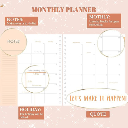 2025 Hardcover Planner Weekly and Monthly, Dec 2024–Dec 2025, Large Spiral Bound Planners 2025 for Women Gifts, 8.3" x 9.3",13 Month Calendar with 13 Tabs, 3 Sticker Sheets, Pink