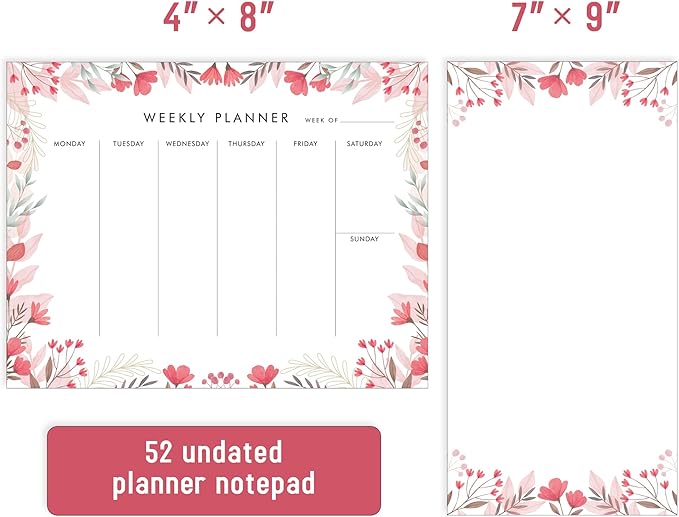 Weekly Planner Notepad Cute Set of 2 Undated Weekly Calendar Pad Tear Off 52 To Do List Notepad Weekly Desk Planner Planning Pads Memo Productivity Tracker for Work Goals Notes Schedule Ideas, Pink