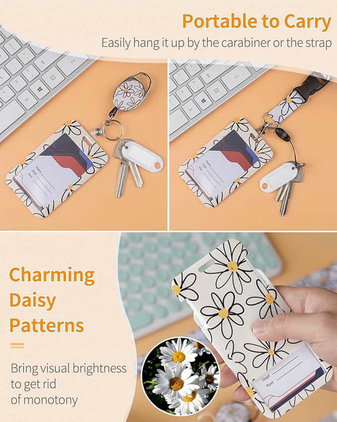 Uniclife 2 Pack Floral Sliding Badge Holder Flower Leaves Plastic Case with Retractable Badge Reel Carabiner Clip and Detachable Lanyard Strap Hard Vertical Card Protector for Women Nurse Teacher