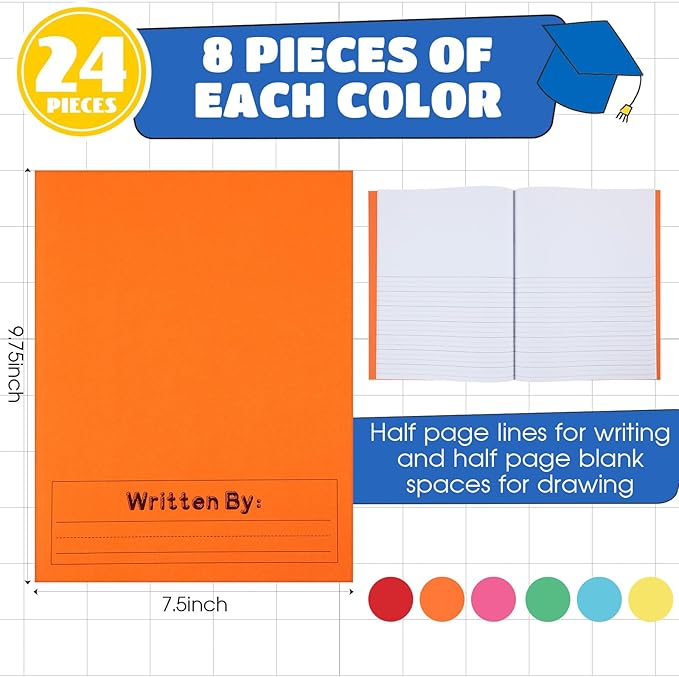 Henoyso 24 Pcs Primary Composition Notebook K-2 9 3/4 x 7 1/2 Inch Primary Journal Blank Writing Book for Kid to Write Draw and Journal 60 Page Notebook Back to School Supplies (Colorful)