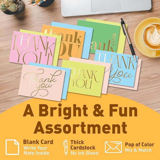 Sweetzer & Orange S&O Candy Thank You Cards with Envelopes - Blank Gold Foil sheets Set of 24 - Assorted Greeting Decor Cards, Pop Color Envelopes to Mix & Match