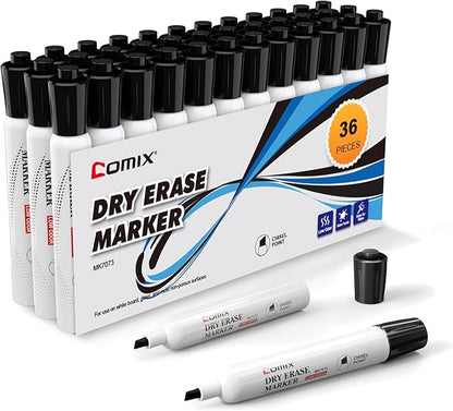 Comix Low Odor Dry Erase Markers, 36 Bulk Black Color Whiteboard Markers, Chisel Tip Thick Markers for Kids Teachers