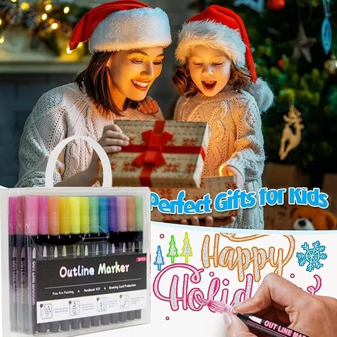 Shimmer Markers Double Line Outline Markers, 24 Colors Squiggles Shimmer Outline Markers Pen Set for Drawing Art School Supplies, Glitter Markers Set for Cards Lettering, Gift for 4-12 Year Old Girl