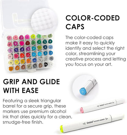 Grabie Alcohol Based Marker with Case and Coloring Book, 48-color Double Tipped Alcohol Markers, Chisel & Brush Alcohol-based Art Marker Set for Adults Coloring Illustration