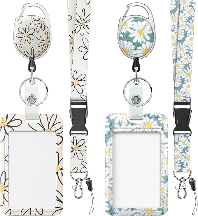 Uniclife 2 Pack Floral Sliding Badge Holder White Blue Flower Plastic Case with Retractable Badge Reel Carabiner Clip and Detachable Lanyard Strap Hard Vertical Card Protector