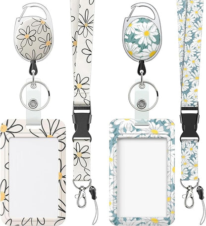 Uniclife 2 Pack Floral Sliding Badge Holder White Blue Flower Plastic Case with Retractable Badge Reel Carabiner Clip and Detachable Lanyard Strap Hard Vertical Card Protector