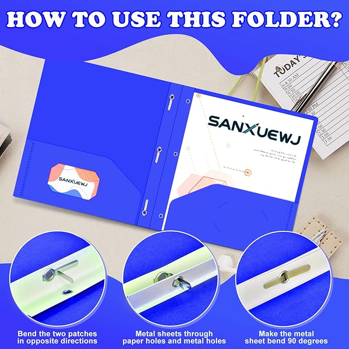 30 Pack Two Pocket Folders Business Card Holder Plastic Folders with Prongs for School Office Filing Cabinet Resume Portfolio (Blue)