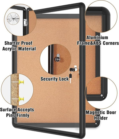 26"x20" Enclosed Bulletin Board, Lockable Weather-Resistant Aluminum Cork Noticeboard for School & Office, Black Frame w/Cork