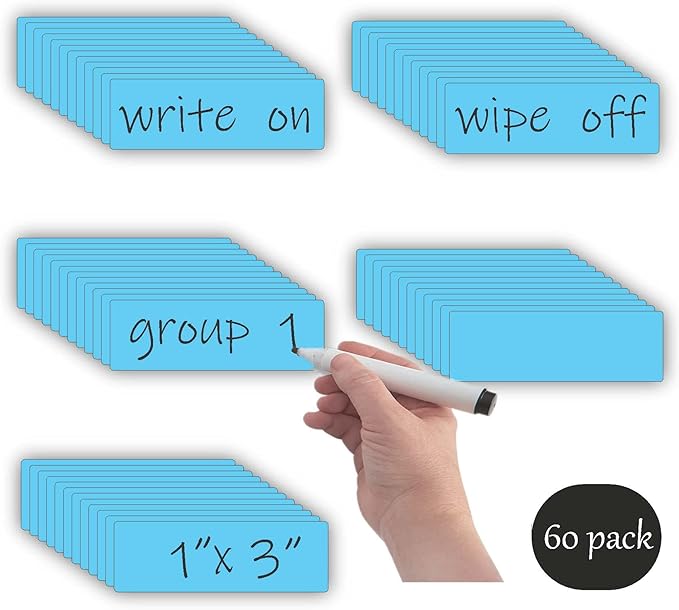 Dry Erase Magnetic Labels (1x3,Pack of 60),Write On Magnets Sticker,Waterproof/Reusable for Classroom&Office&Cabinet&whiteboard&Fridge&More (Blue)