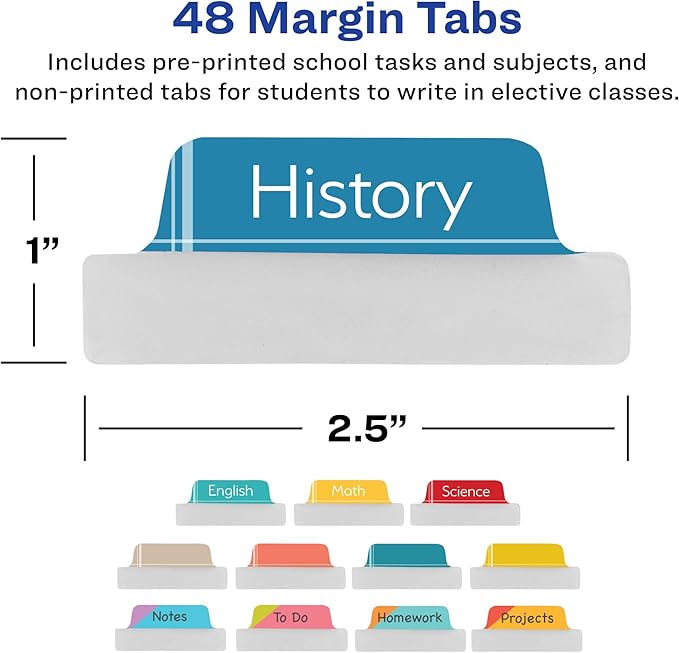 Avery Ultra Tabs Bundle, Student and School Subject Tabs, 2.5" x 1" Margin Tabs, 2-Side Printed, 48 Sticky Tabs (74903)