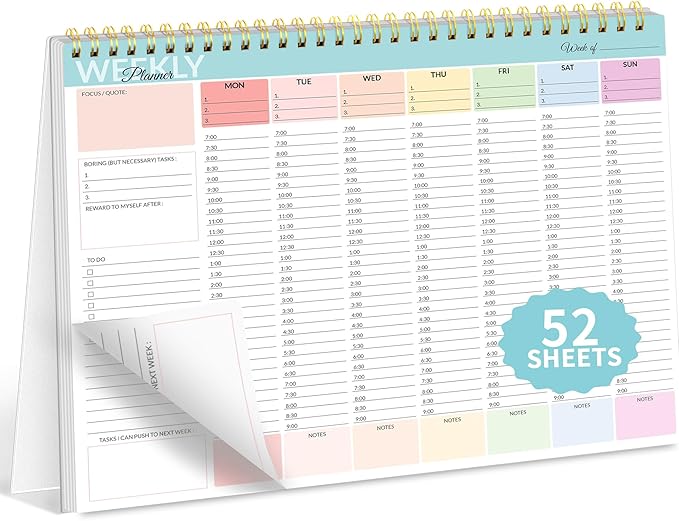 SUNEE Weekly To Do List Notepad - Last for 2 Years, 52 Undated Sheets, 8.5"×11", Spiral Weekly Desk Planner Pad for Adults and Kids, School, Home & Office - Colorful