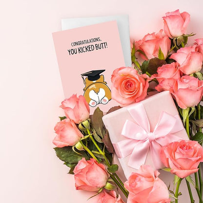 ALY LOU Graduation Card Funny for Him/Her, Congratulations Grad Card for Students Son Daughter, College High School University Greeting Cards (You Kicked Butt! - Corgi Dog)