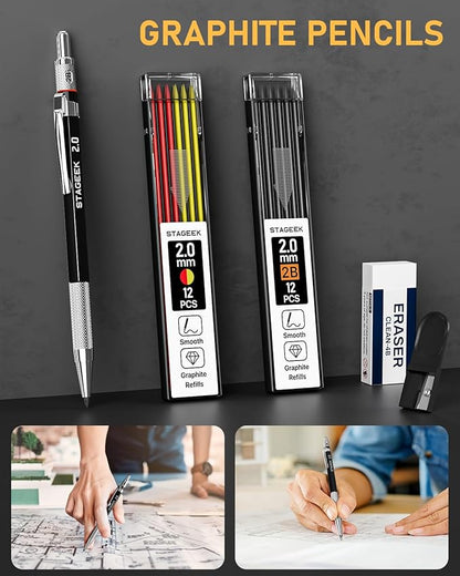 14 Pack Mechanical Carpenter Pencil Set with Sharpener 38 Refills, Automatic Center Punch, Carbide Scribe Tool, Eraser and Deep Hole Marker Pen, Heavy Duty Construction Pencil for Architect-With Pouch