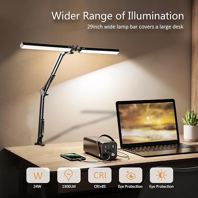 Desk Lamp with Clamp, Swing Arm Architect Lamps with Adjust Joints & 3 Color 10 Brightness Dimming Desk Light Eye Caring Study Lamp No Glare Drafting Light