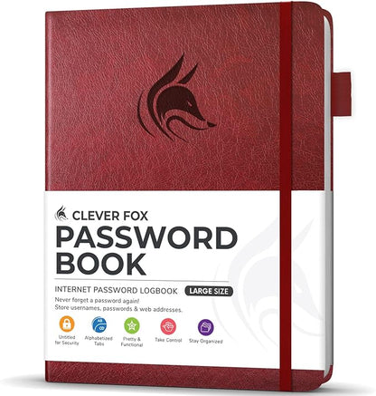 Clever Fox Password Book with alphabetical tabs. Internet Address Organizer Logbook. Large Password Keeper for Website Logins (Wine Red)