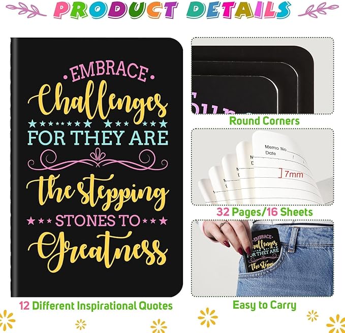 12 Pcs Mini Inspirational Notebooks Bulk with 12 Pcs Colorful Pens, Small Pocket Journal Notepads Set, Motivational Bulk Gifts for Women Men Teacher Student Kids, Fun School Office Supplies,3.5"x5.5"