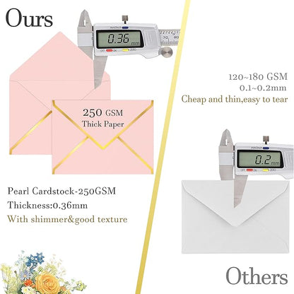 60 Pack Gold Envelopes 5x7 Bulk Pink, 250G Pearled Cardstock A7 Envelopes for Invitations Business Mailing Envelope with Gold Foil Border, A6 4x6 Envelopes for Wedding Baby Shower Cards