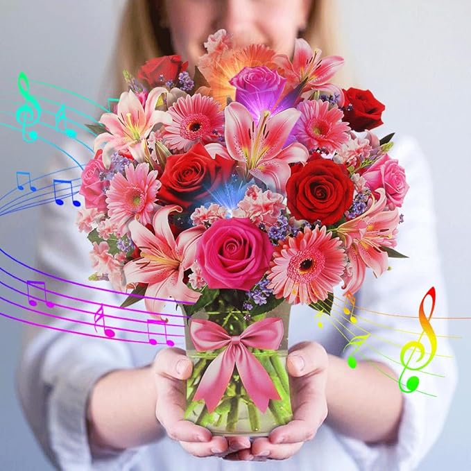 XTF2015 Paper Pop Up Bouquet Birthday Cards, Mother's Day Flower Cards, Anniversary Greeting Cards Flower Bouquet Card with Music and Lights Pink Lily Daisy, Holiday Mother's Day Birthday Decoration Gift Card