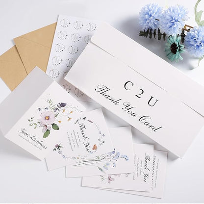 C2U Funeral Thank You Cards with Envelopes(100 Pack 4"x6"),Stickers & Message Inside - Wildflower Bereavement Sympathy Thank You Cards for Funeral Family Friends Loved Ones