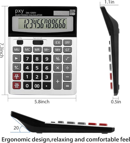 Desk Calculator 12 Digit Extra Large LCD Display, Touch Comfortable with Big Buttons, PXY Two Way Power Battery and Solar Standard Function Office Calculators