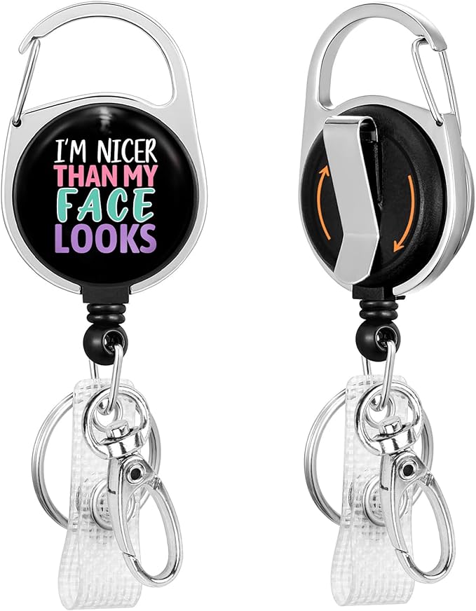 Gctriki Funny Badge Reel Heavy Duty with 360 Swivel Carabiner Clip, Cute ID Badge Holder, Nurse Teacher Retractable Keychain Name Badge Clip I'm Nicer Than My Face Looks